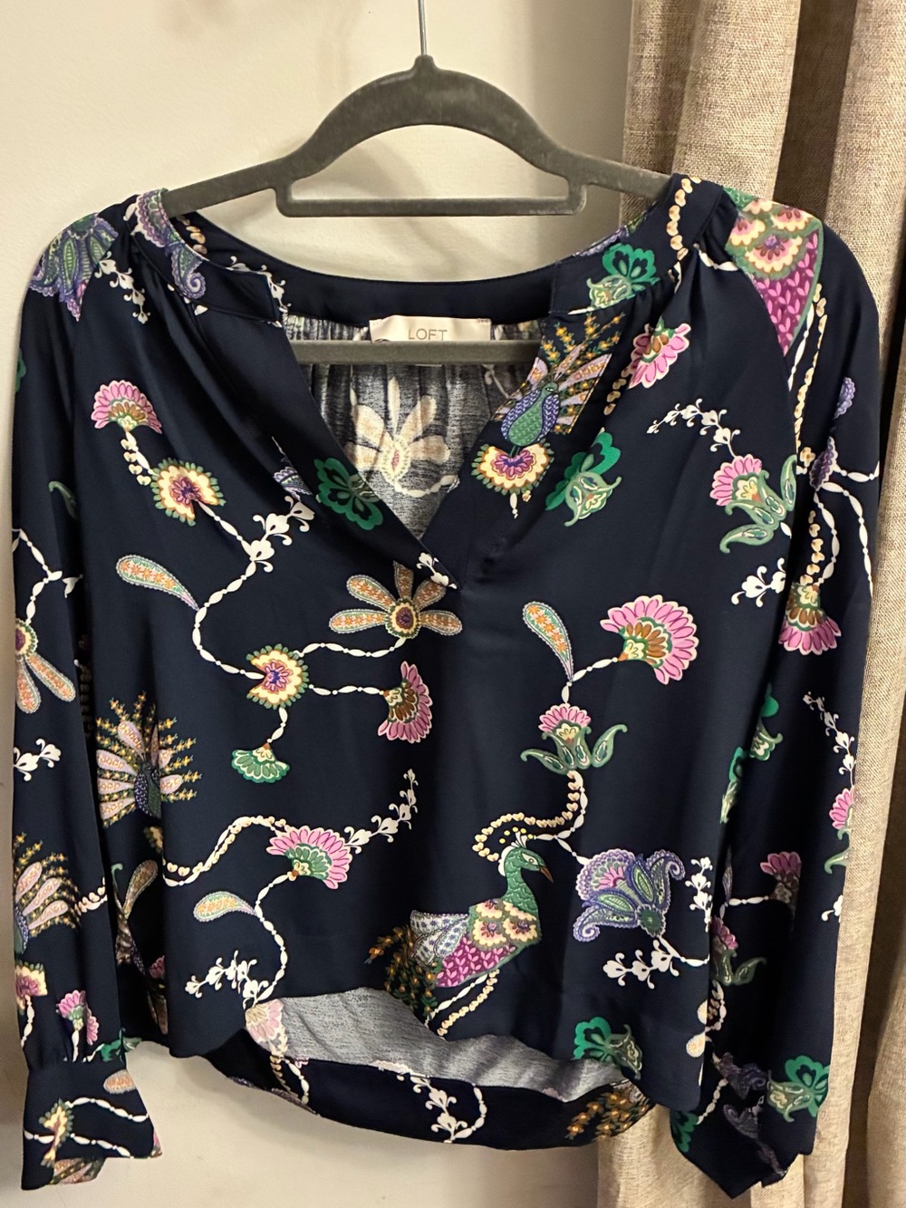 LOFT Navy Floral Paisley V-Neck Blouse with Pink & Green Accents